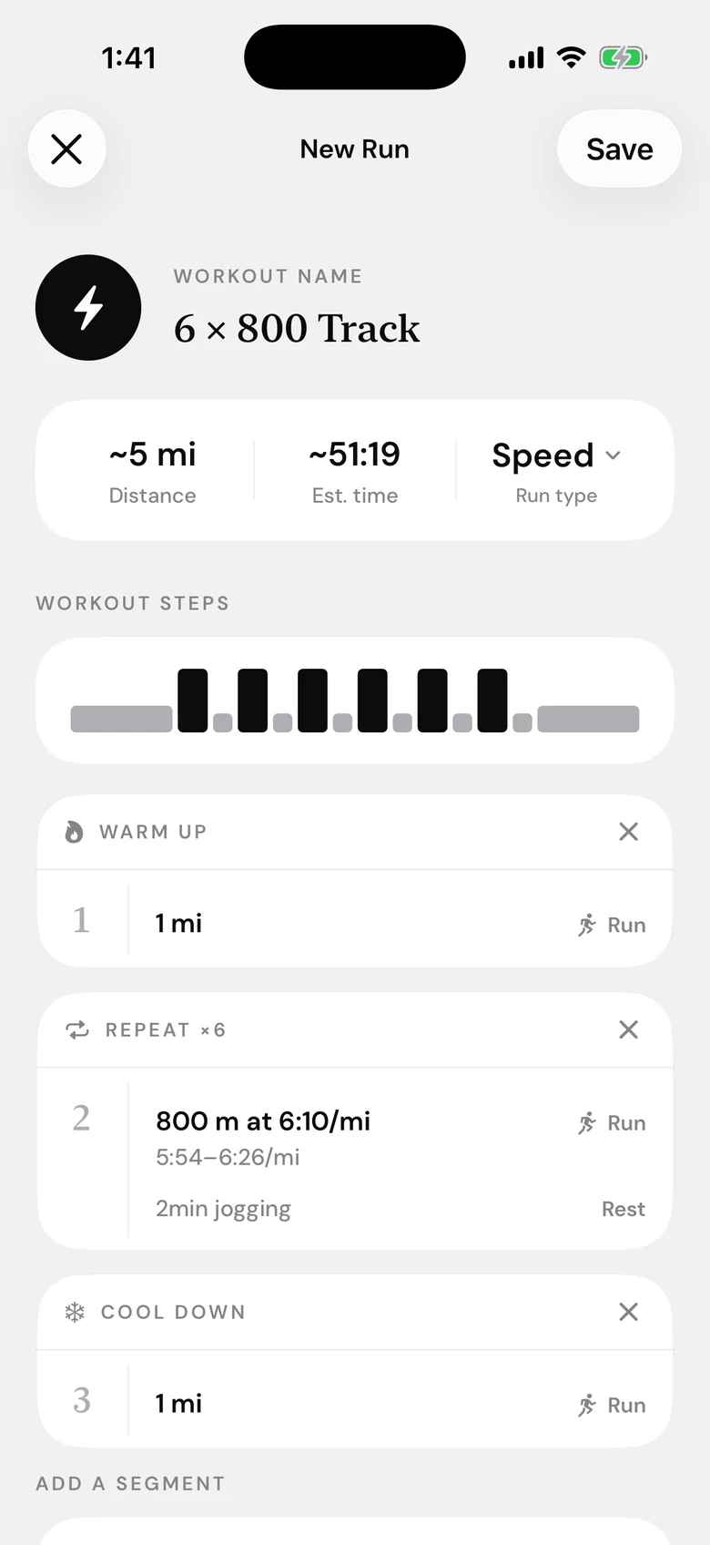 The workout builder: 6 × 800 Track with warm up, a repeat of six 800 m reps at 6:10 per mile, and a cool down.