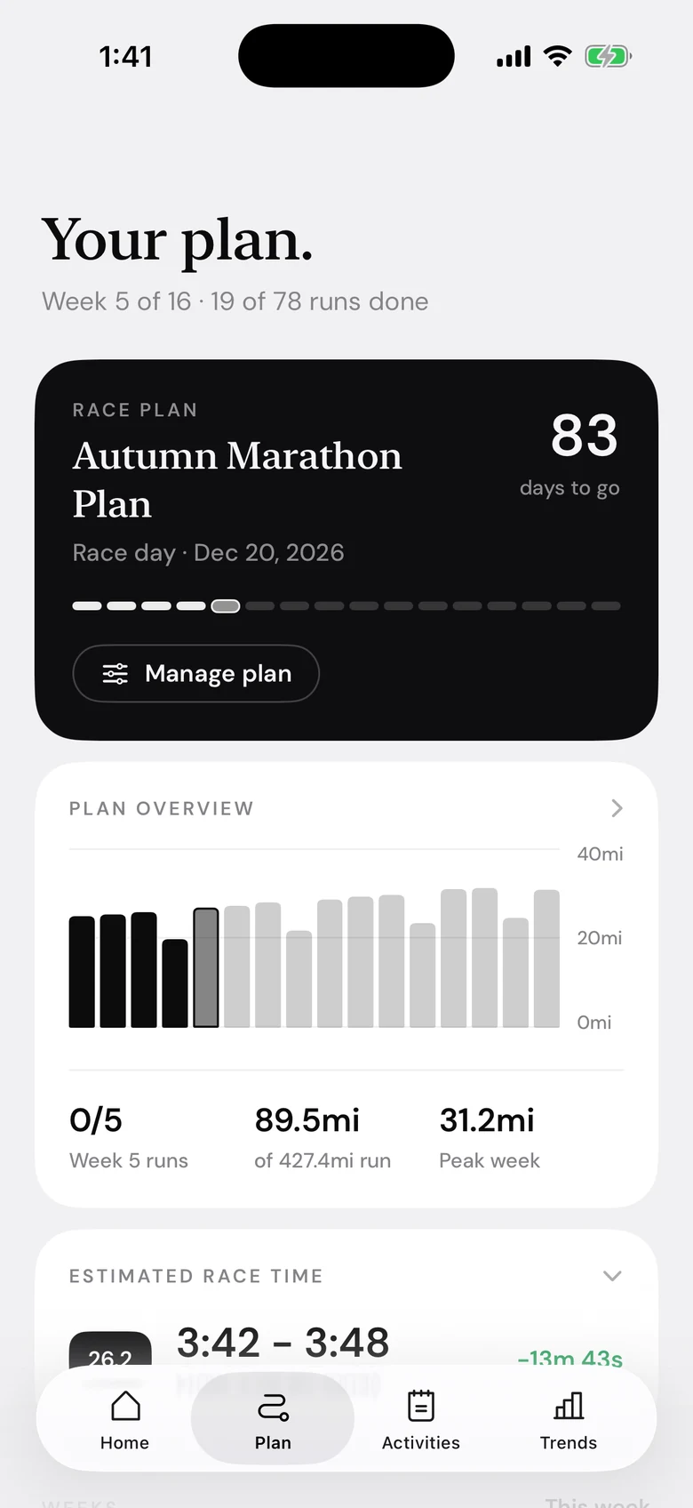 Plan: an Autumn Marathon Plan, 83 days to go, the plan overview chart and the estimated race time.