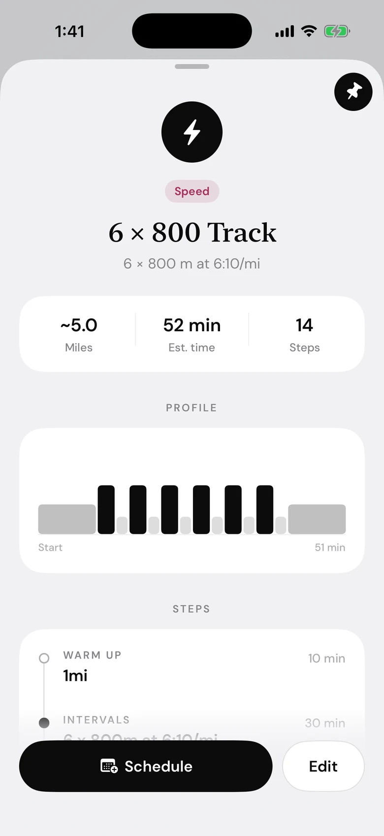 The saved workout: a speed session of about five miles and 52 minutes, with its profile of reps and a Schedule button.